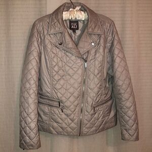 roz & ALI L Moto Style Silver Gray Quilted Insulated Full Zip Jacket